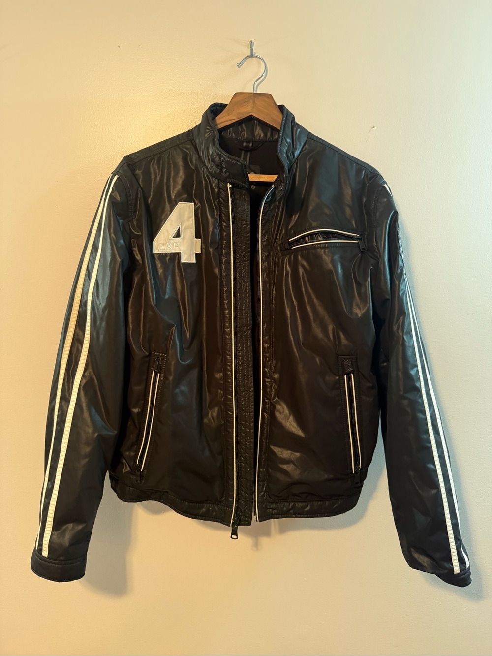 Express Black Bomber Jacket with White Racing Stripes